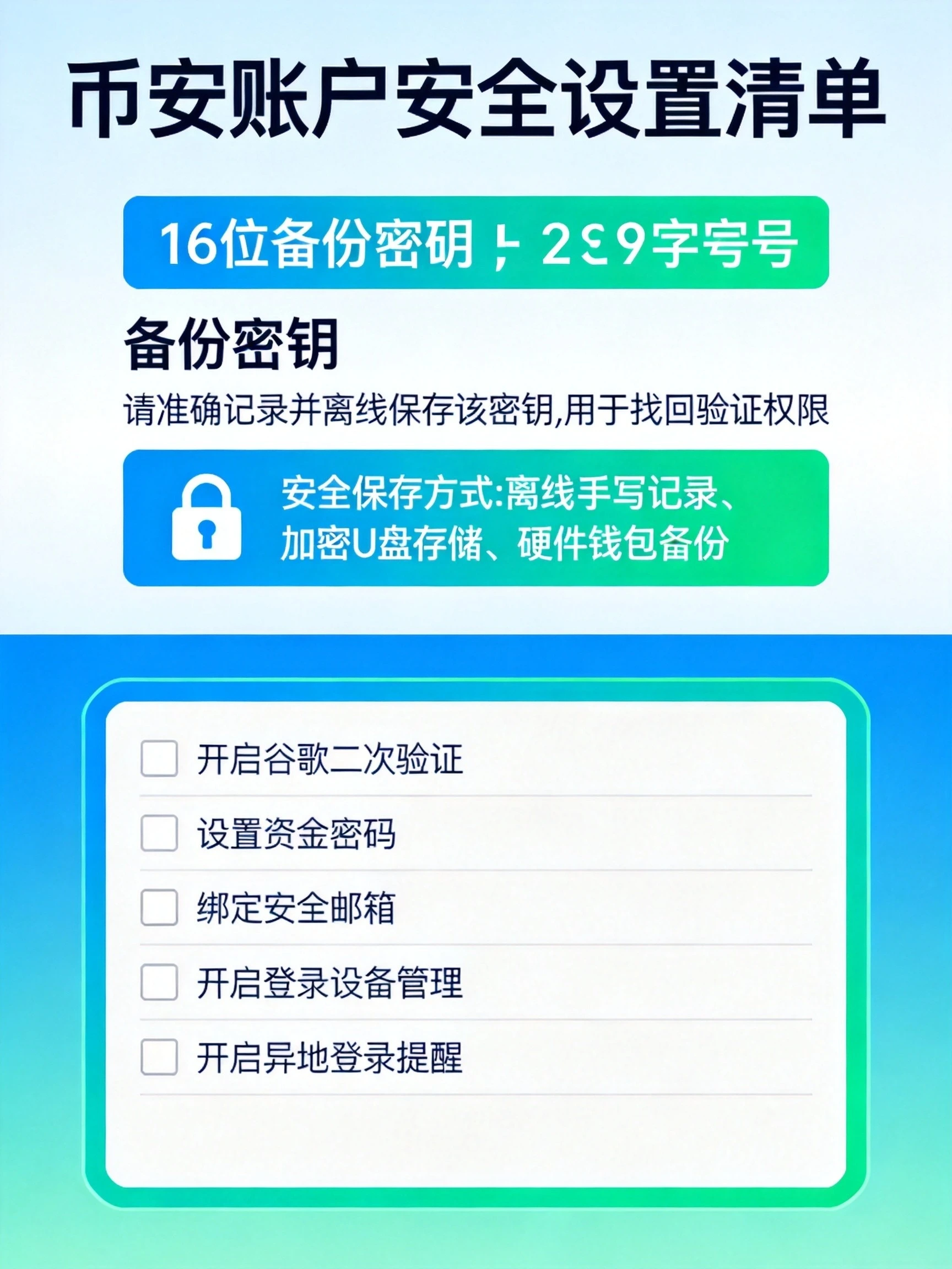 备份密钥保存+账户安全设置清单示意图 备份密钥保存+账户安全设置清单示意图