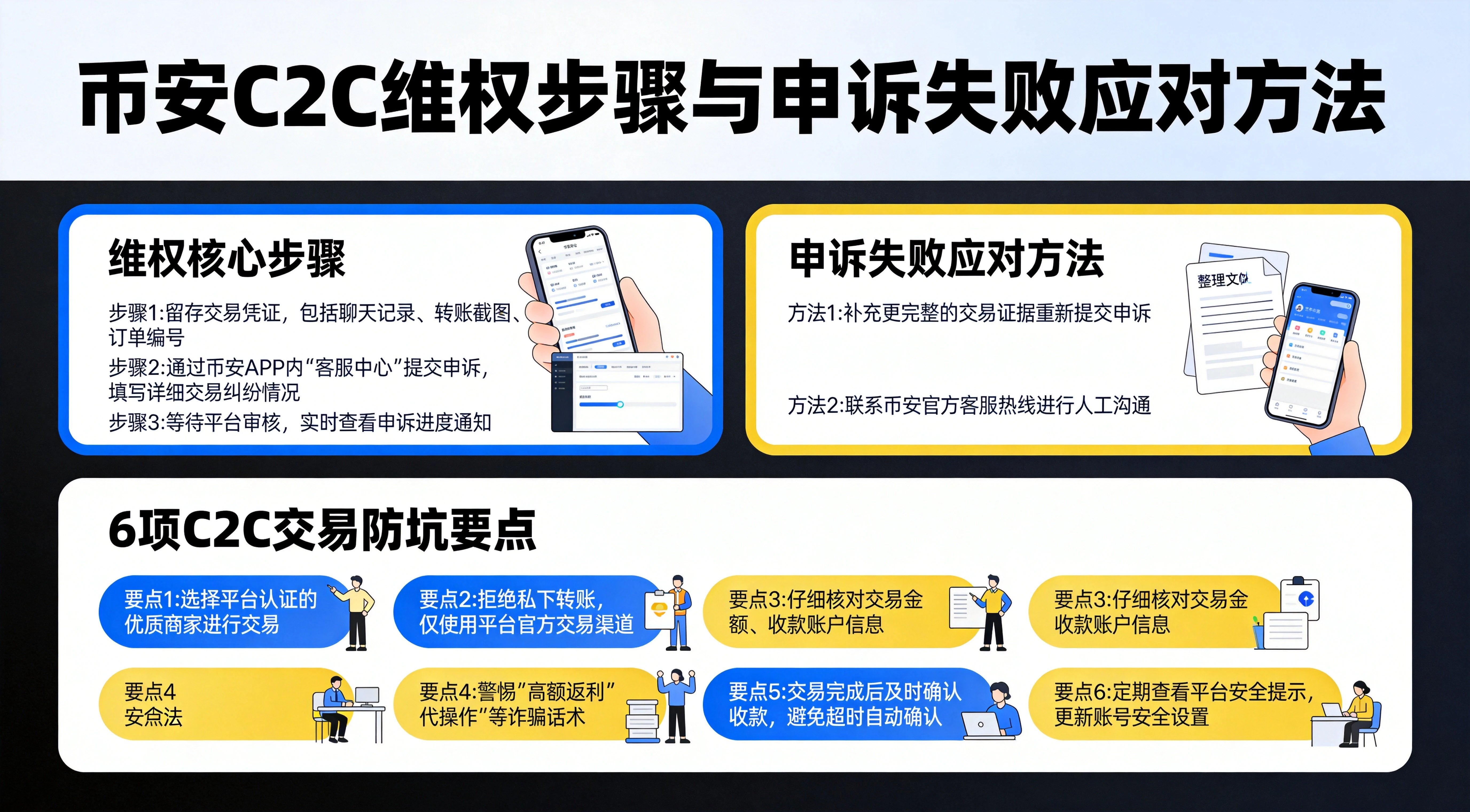 币安C2C维权步骤与防坑指南清单图，上半部分列出维权核心步骤与申诉失败应对方法，下半部分给出6项C2C交易防坑要点，蓝黄专业信息图风格