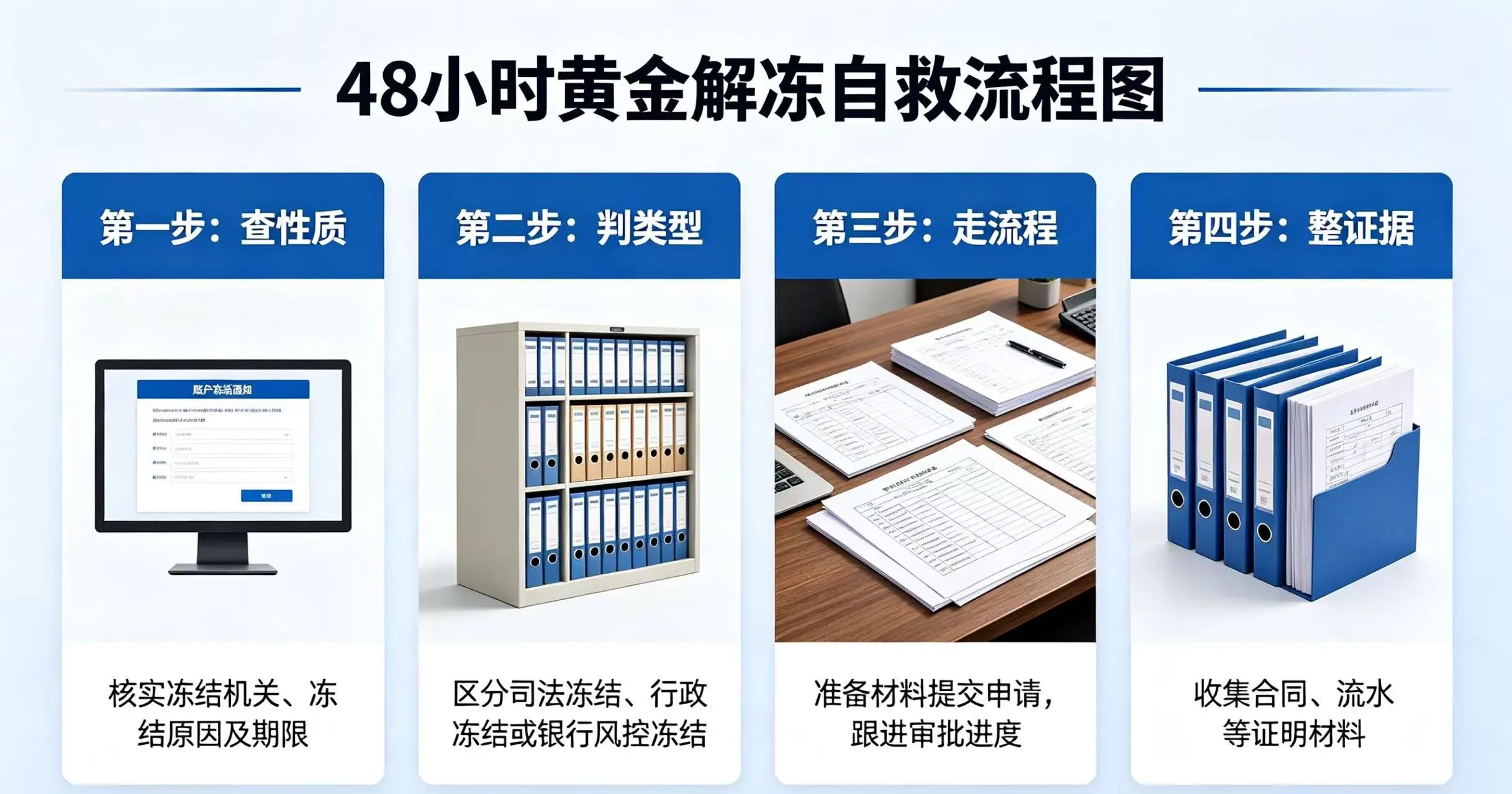 48 小时黄金解冻流程,呈现查性质、判类型、走流程和整证据四个自救步骤 48 小时黄金解冻流程,呈现查性质、判类型、走流程和整证据四个自救步骤