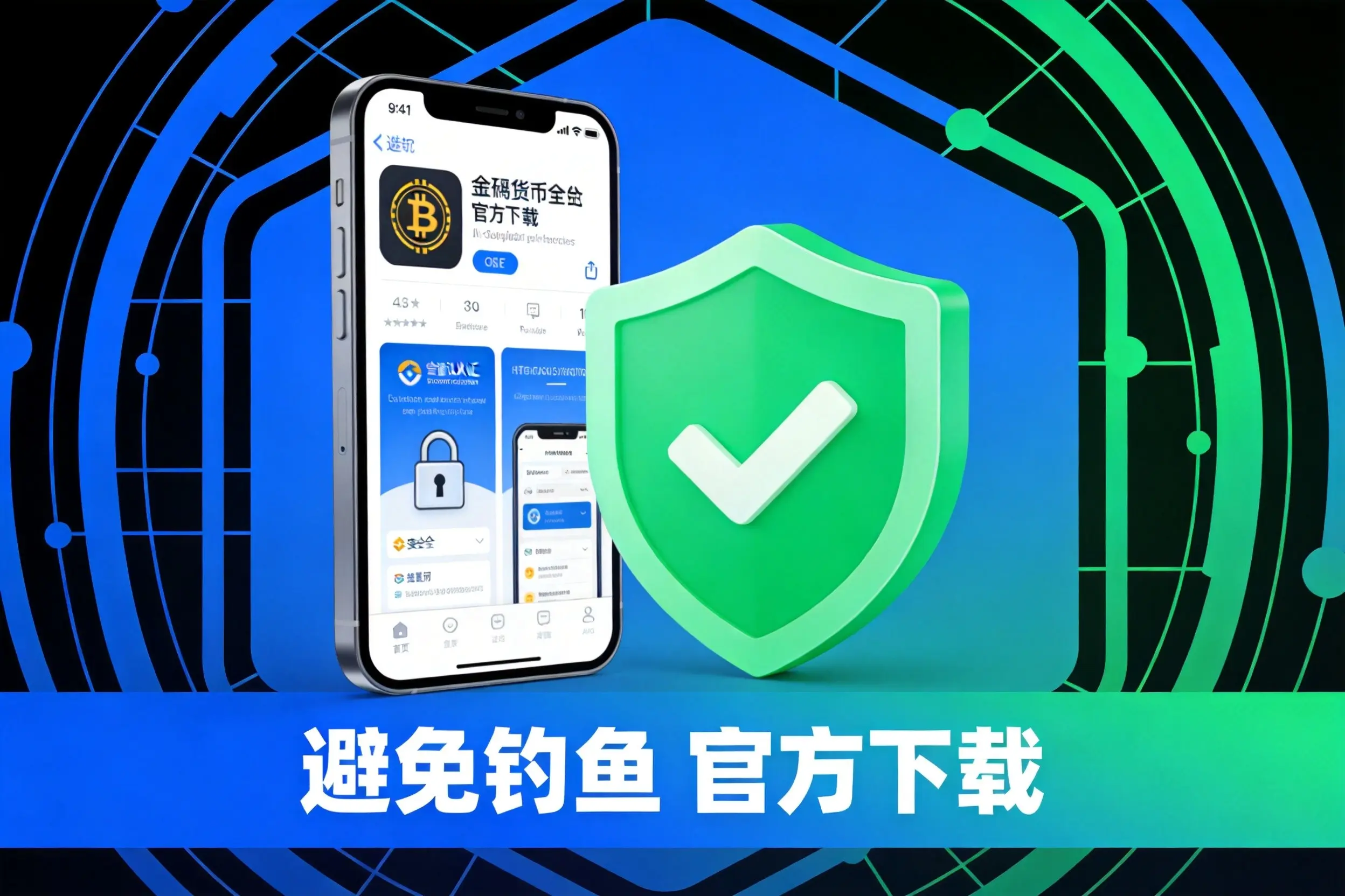 蓝绿科技风格加密APP安全防钓鱼提示图,官方下载与防诈骗提醒 蓝绿科技风格加密APP安全防钓鱼提示图,官方下载与防诈骗提醒