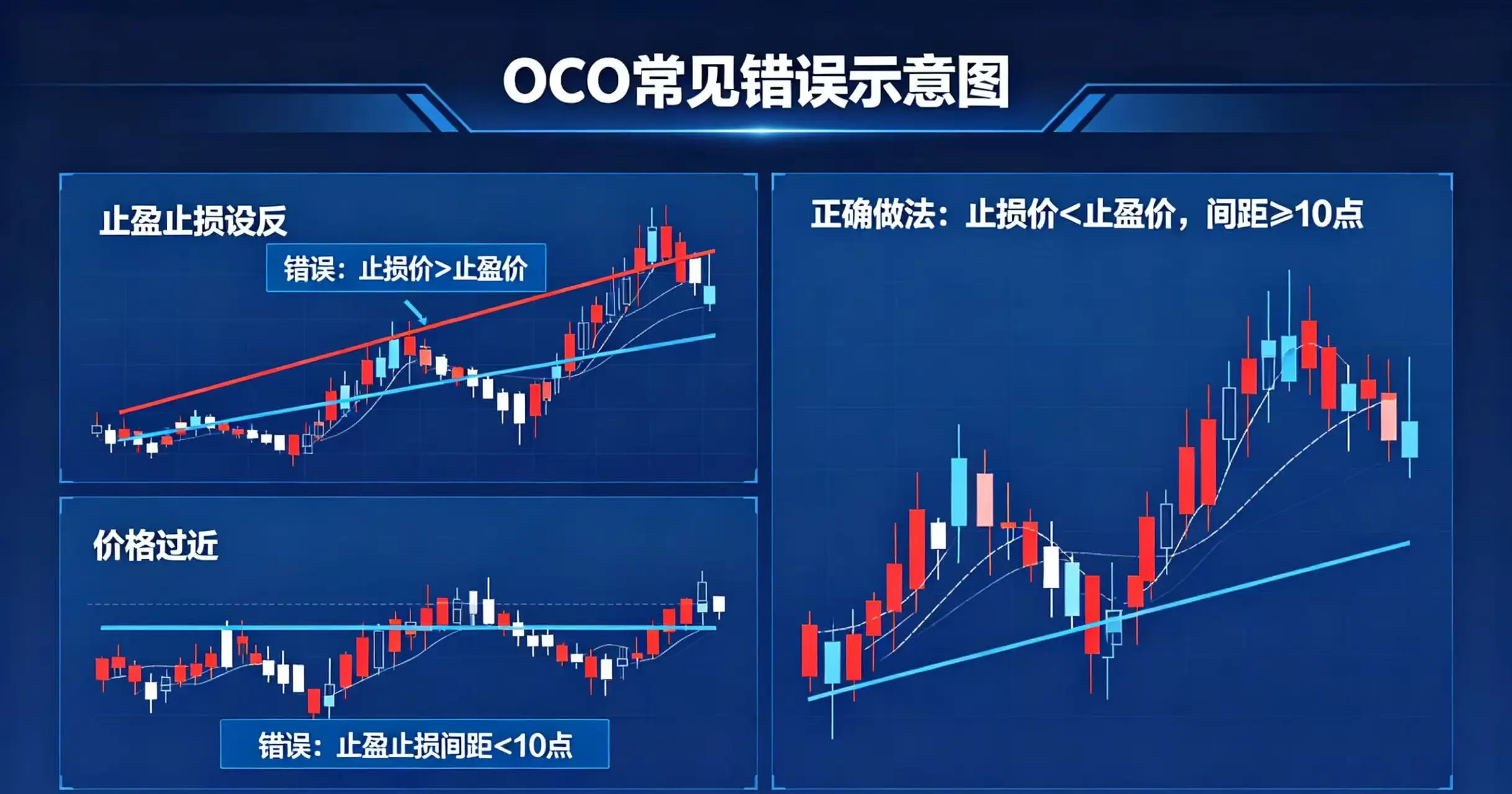 OCO 常见错误示意图,清晰展示止盈止损设反、价格过近等典型错误案例 OCO 常见错误示意图,清晰展示止盈止损设反、价格过近等典型错误案例