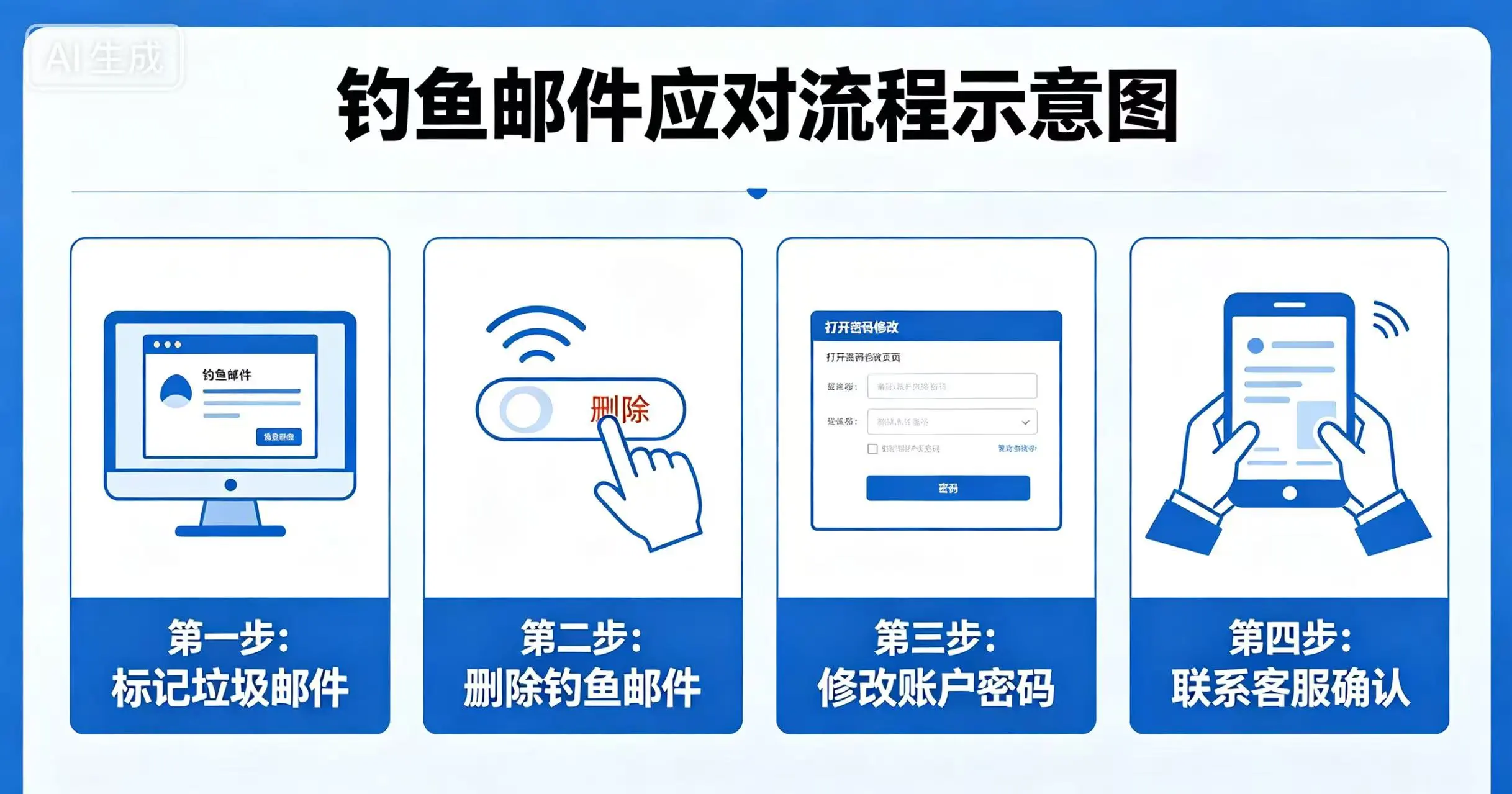 钓鱼邮件应对流程示意图，清晰展示收到钓鱼邮件后标记垃圾、删除、修改密码、联系客服的正确步骤