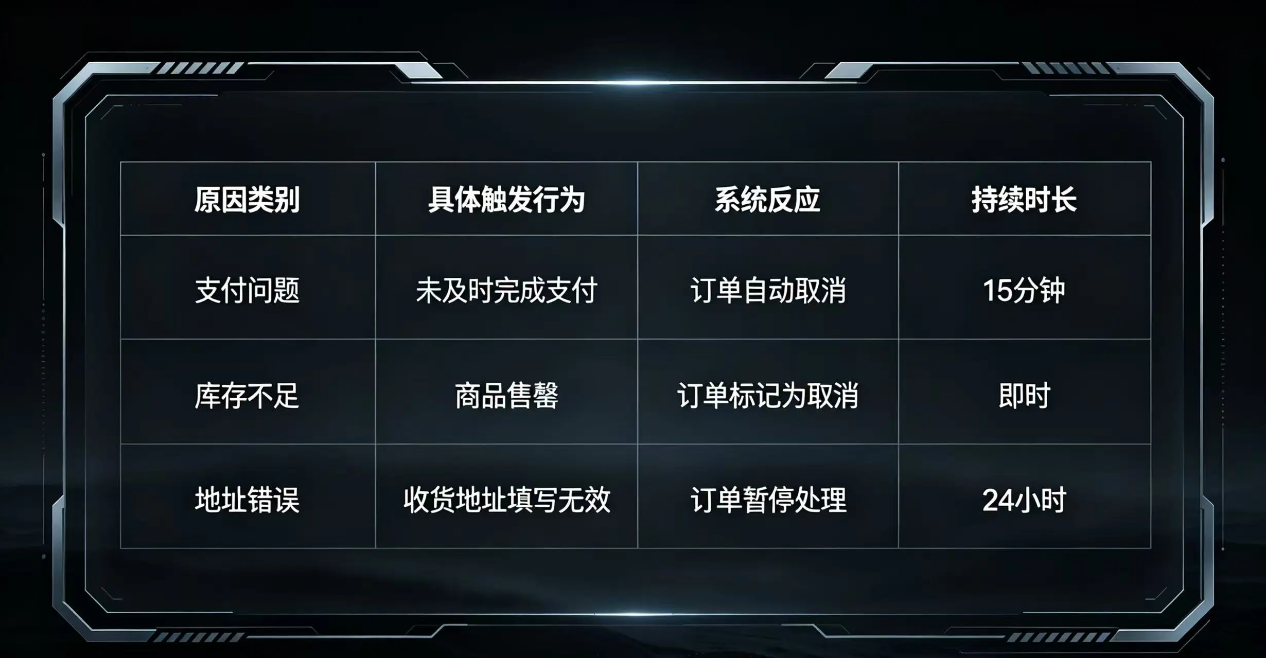 以清晰的表格形式,列出了导致订单被取消的原因类别、具体行为、系统反应和持续时长。 以清晰的表格形式,列出了导致订单被取消的原因类别、具体行为、系统反应和持续时长。