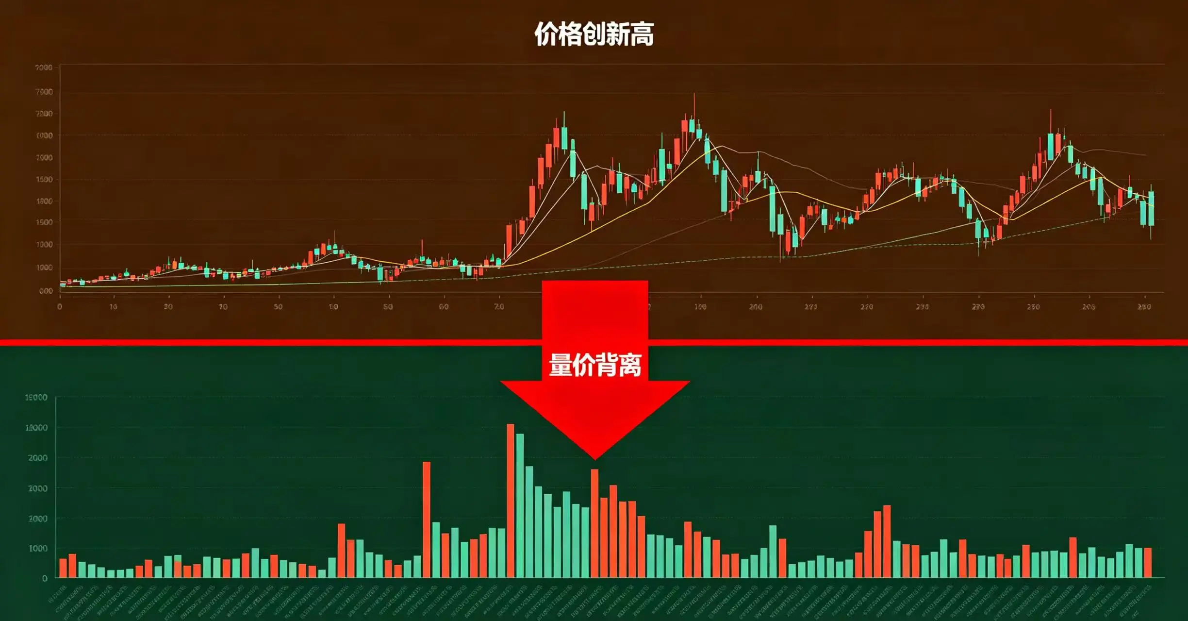 展示 K 线图价格创新高,但下方成交量图却未创新高反而萎缩的量价背离示意图。 展示 K 线图价格创新高,但下方成交量图却未创新高反而萎缩的量价背离示意图。