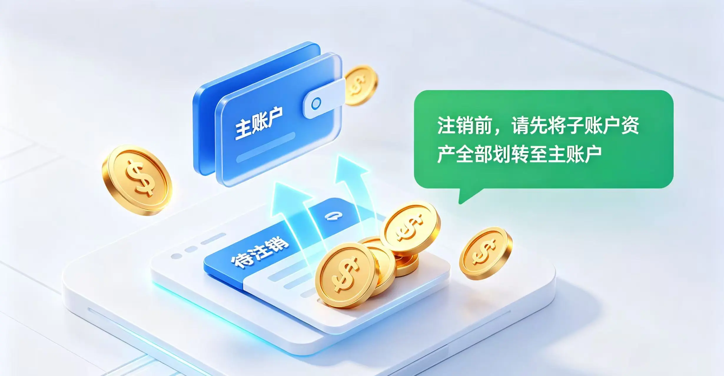 几枚金色硬币通过发光箭头从子账户图标安全转移到主账户图标，提示注销前需先划转资产。