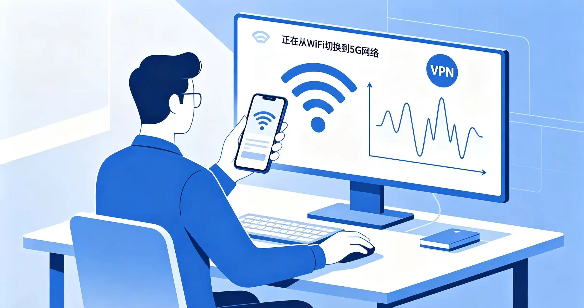 展示用户正在切换网络接入方式（从 WiFi 切换到 5G）或检查 VPN 节点的场景。