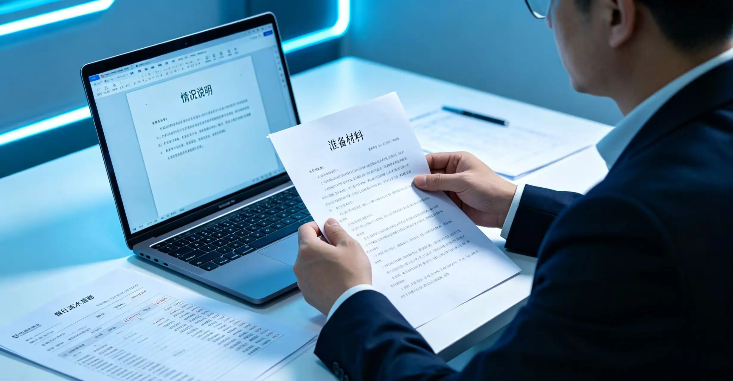展示用户正在准备申诉材料，如整理交易记录、撰写情况说明的场景。