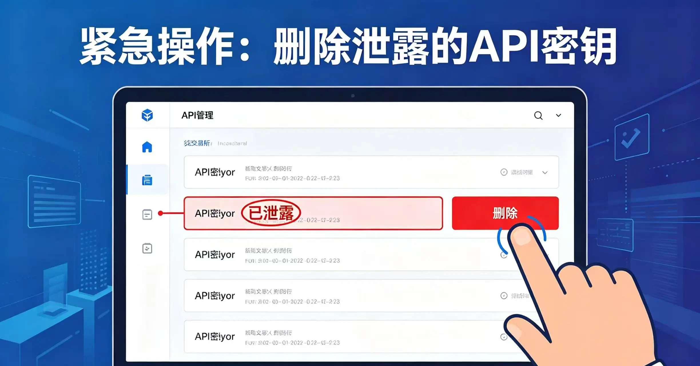 在交易所的 “API 管理” 界面中,找到并 “删除” 泄露的 API 密钥的具体操作步骤 在交易所的 “API 管理” 界面中,找到并 “删除” 泄露的 API 密钥的具体操作步骤